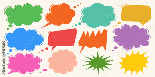 Collection of colorful textured speech bubbles and thought clouds for communication and ideas