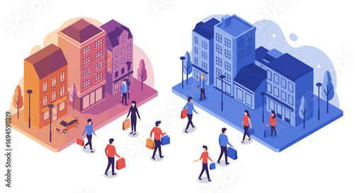 Vibrant isometric comparison of urban and suburban living with people in contrasting settings