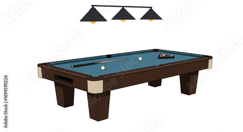 Realistic billiards table with cue, balls, and overhead light fixture on white background