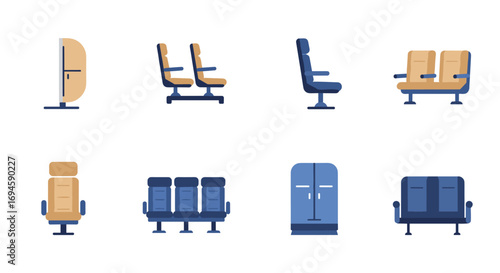 Airplane seating icons collection: flat style passenger seats
