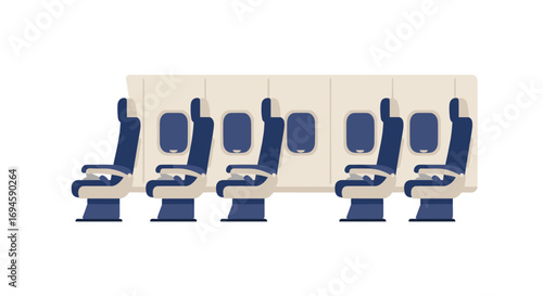 Airplane interior row of seats with windows in flat design style