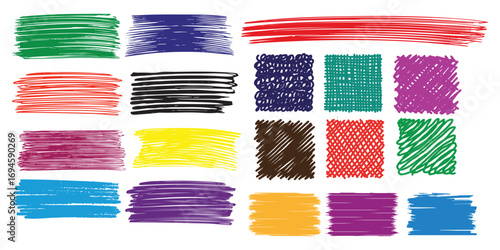Bright colorful childish scribbles set. Colored crayon doodle lines and stripes collection. Hand drawn rough charcoal brushstrokes elements. Pastel pencil curly, wavy, squiggly strokes bundle. Vector