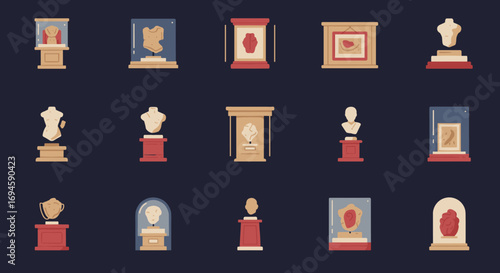 Museum exhibits with busts and sculptures on display in minimalist art style