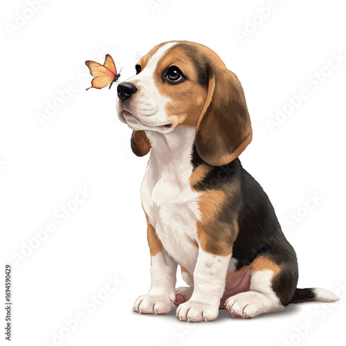 Adorable Beagle Puppy with Head Tilted Curiously, Butterfly on Nose - Whimsical Flat 2D Vector Art