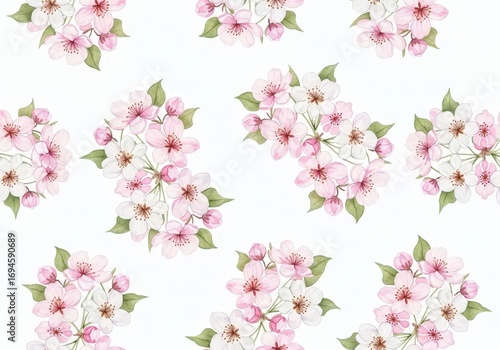 Wallpaper Mural A repeating pattern of delicate, watercolor-style floral branches with pink and white blossoms, green leaves Torontodigital.ca