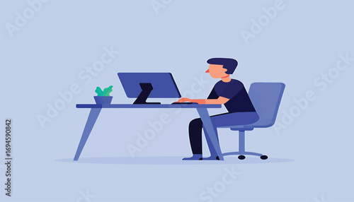 Vector illustration of a young man working on a computer at his desk