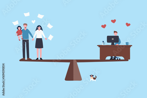 Balancing family life and career on a scale with a dog watching