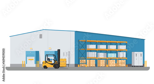 Modern warehouse exterior with forklift and stacked pallets in flat design