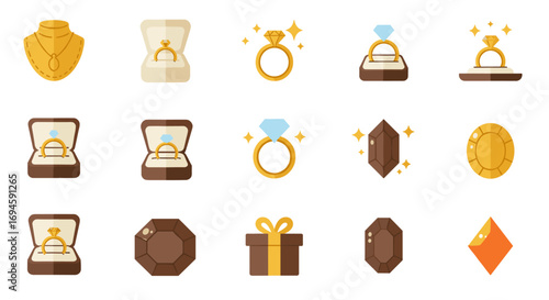 Elegant jewelry icons featuring rings, necklaces, and gemstones in flat design