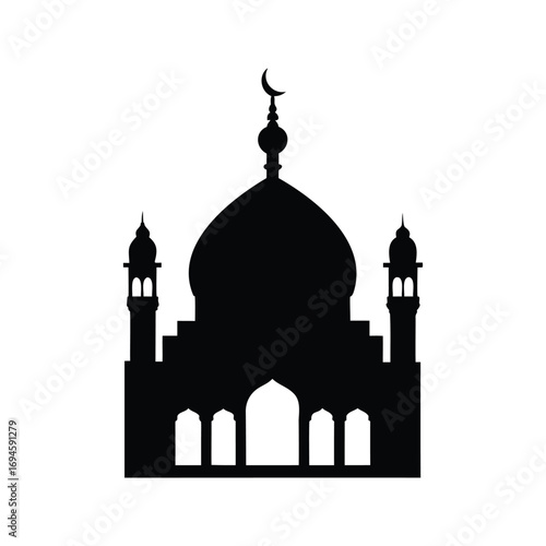 Silhouette of a mosque with a crescent moon on top of dome, mosque with dome and minaret silhouette vector illustration