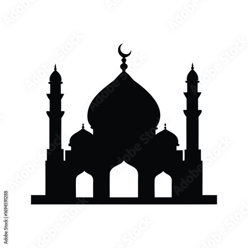 A simple black and white silhouette of a mosque structure image, mosque with dome and minaret silhouette vector illustration