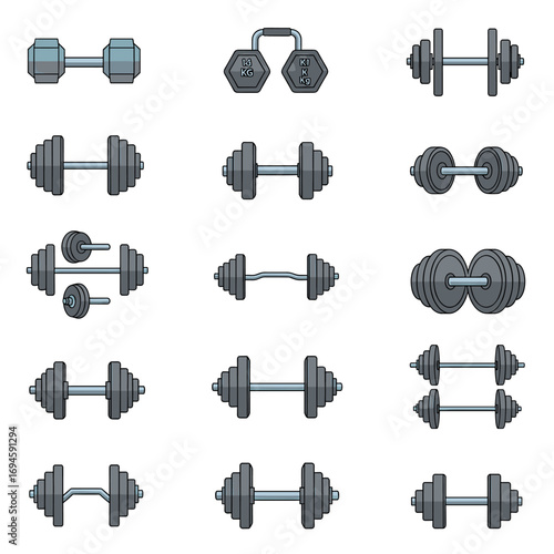 Collection of various dumbbell designs and weights for fitness training.
