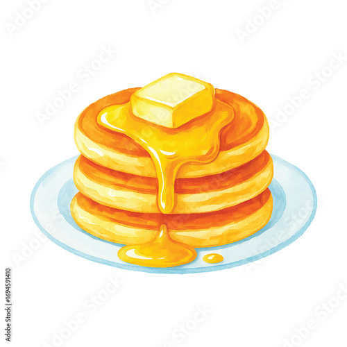 Watercolor Pancake Stack with Butter and Maple Syrup Illustration