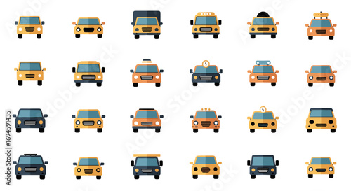 Diverse car front views collection featuring taxis, police, and trucks in a flat design
