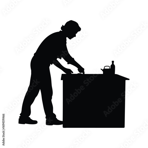 Silhouette of a person examining objects on a table with attentiveness, person cleaning kitchen counter silhouette vector illustration