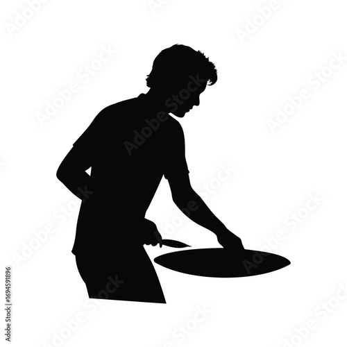 Silhouette of a person cooking with a pan and a spatula or knife, person cutting pizza silhouette vector illustration