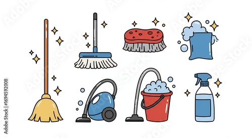 Cleaning supplies vector illustration set isolated on white background for various design projects