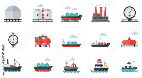 Industrial icons set featuring ships, tanks, and factories in flat design