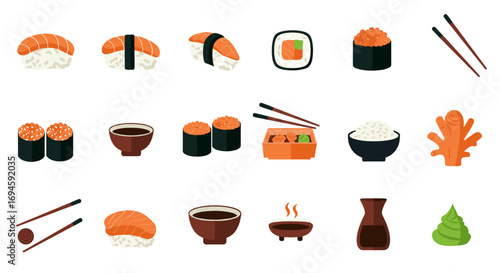 Colorful sushi and japanese cuisine icons featuring various dishes and ingredients