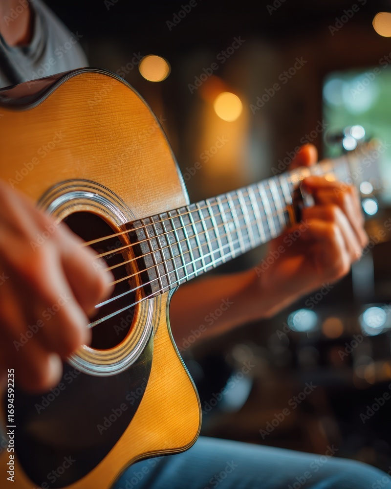 Fototapeta premium Close Up of Hands Playing Acoustic Guitar in Dark Setting