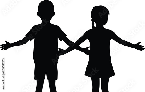 Boy and Girl Silhouettes Touching Arms, Wearing Casual Clothing, Arms Spread Wide Open