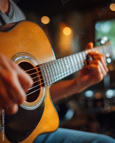 Close Up of Hands Playing Acoustic Guitar in Dark Setting
