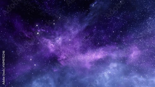 Glittering starfield with shimmering purple nebula clouds and radiant cosmic dust glowing across a black space sky,