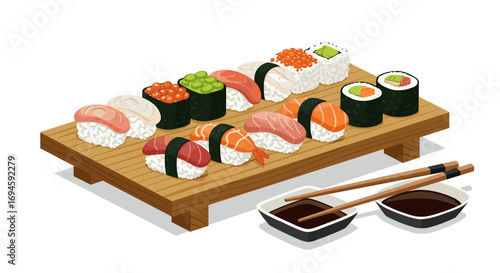 Variety of traditional sushi rolls on wooden platter with soy sauce and chopsticks