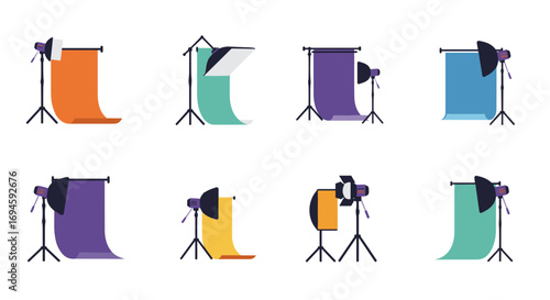 Set of flat design photography studio equipment icons with colorful backdrops and lighting