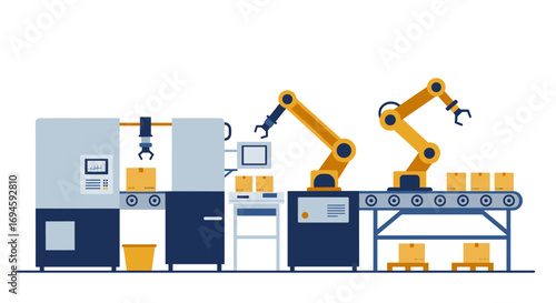 Automated production line with robotic arms and conveyor belt in flat design