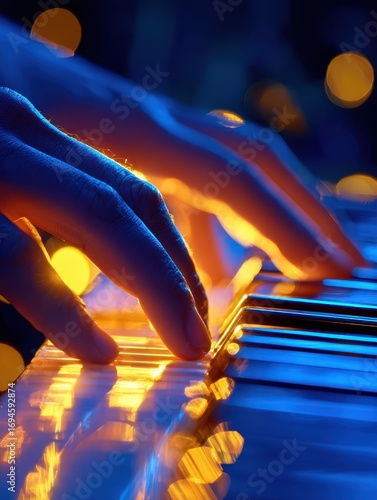 Close up of Hands Playing Illuminated Keyboard at Night