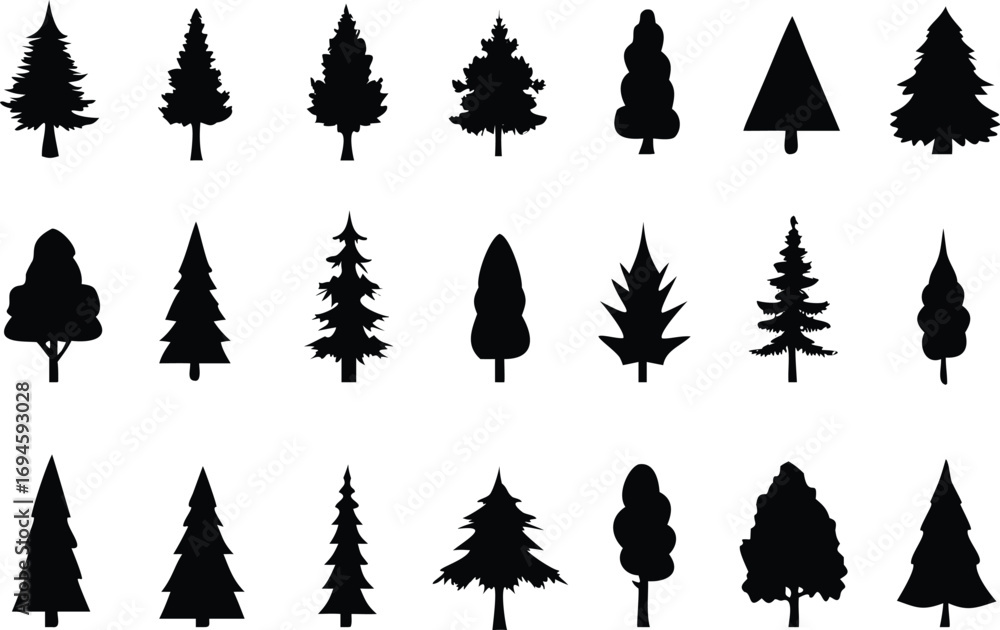 Obraz premium Collection of Distinctive Tree Silhouettes Spruce, Pine, Fir and More for Design Projects