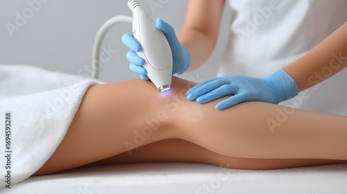 Female technician performing laser hair removal treatment on a client's leg, showcasing advanced beauty technology in a serene spa environment with soft lighting and clean surfaces