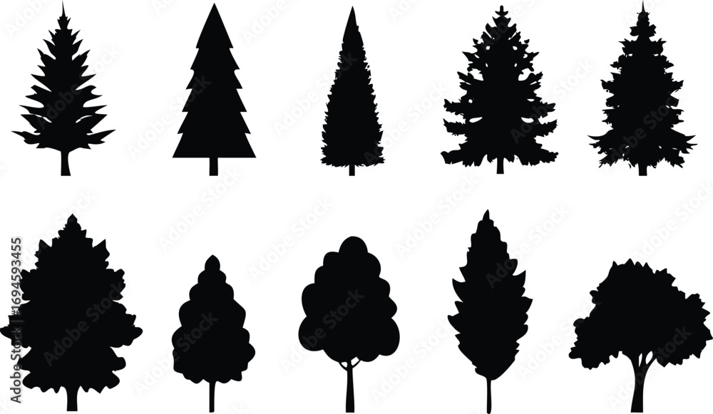 Obraz premium Collection of Various Tree Silhouettes Against a White Background Featuring Evergreen and Deciduous Types