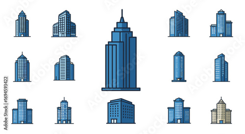 Blue urban cityscape featuring varied skyscraper designs in linear style