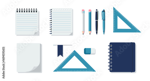 Flat style stationery set with notebooks, pencils, and geometric rulers