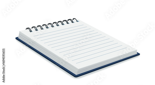 Spiral bound notebook with blue lined pages on white background