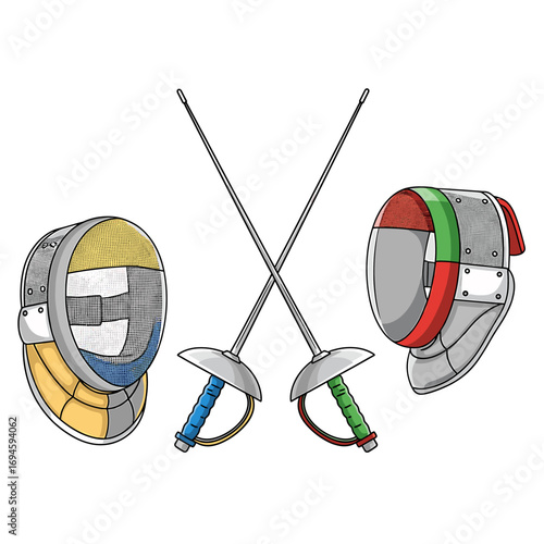 Two fencing masks and two crossed foils are depicted in a cartoon style illustration.