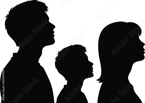 Family Silhouette Black Profiles of Mother, Father, and Son Looking Upward on White