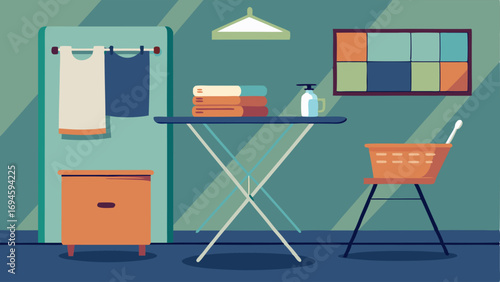A laundry room with a wooden folding table a metal drying rack and a wire basket for holding laundry supplies.