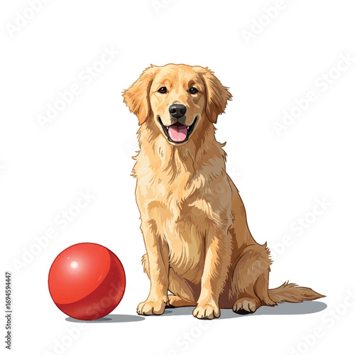 Playful Golden Retriever Puppy with Red Toy Ball - Sunny Outdoor Flat 2D Vector Art for Pet Care & Fun Designs