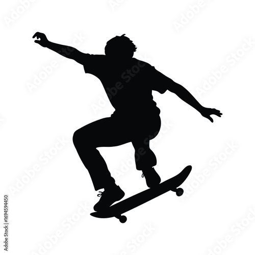 Silhouette of a skateboarder performing a trick mid air, extreme sport, skateboarder mid air trick silhouette vector illustration