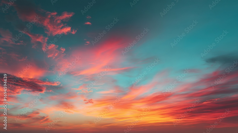 Obraz premium Dramatic colorful sky at sunset with vibrant pink, red, and orange clouds against a beautiful teal background