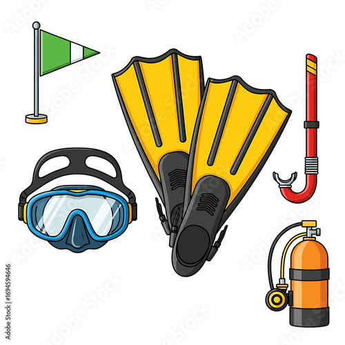 Cartoon illustration of scuba diving equipment, including flippers, mask, snorkel, flag, and tank.