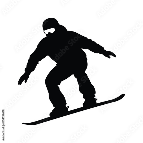 Silhouette of a snowboarder riding down hill on a bright white background, snowboarder carving downhill silhouette vector illustration