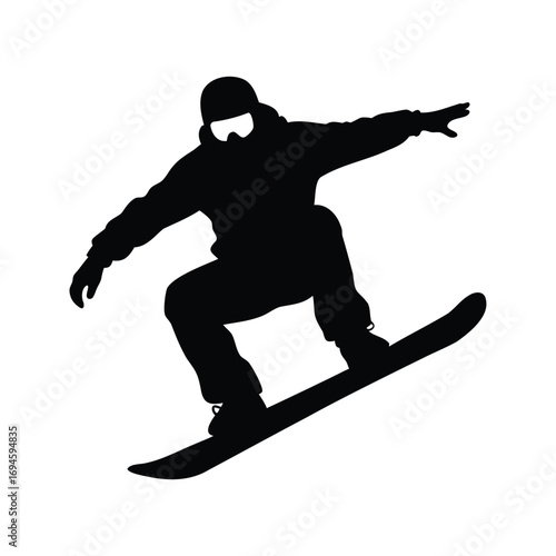 Silhouette of a snowboarder catching air and showing off a dynamic pose, snowboarder jumping in air silhouette vector illustration