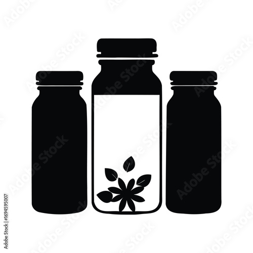 Three different size jars arranged in a row with flower and leaves, spices jars silhouette vector illustration