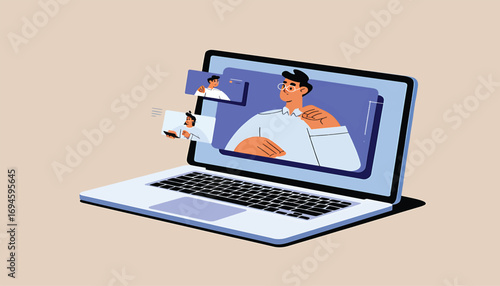 Professional business team engaging in a virtual video conference meeting on a laptop