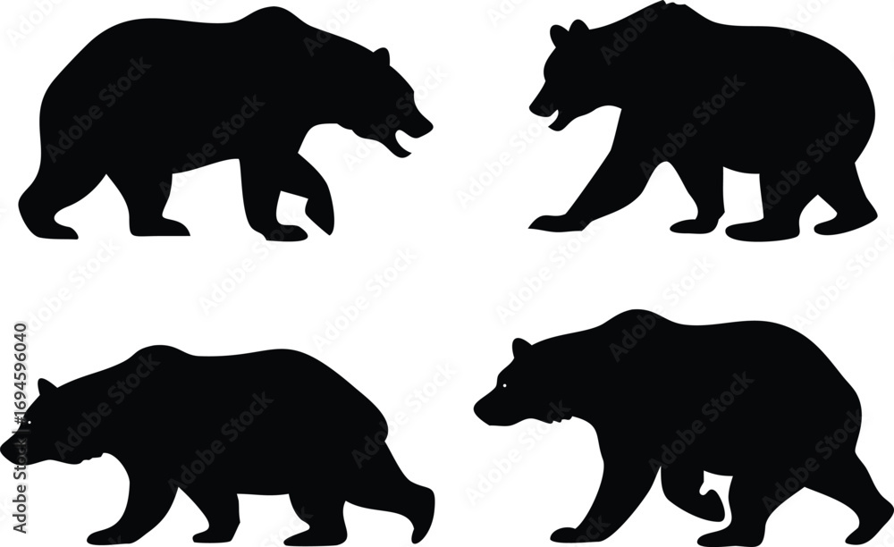 Fototapeta premium Four Black Bear Silhouettes Facing Each Other Wildlife Illustration on White Background