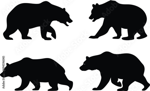 Four Black Bear Silhouettes Facing Each Other Wildlife Illustration on White Background